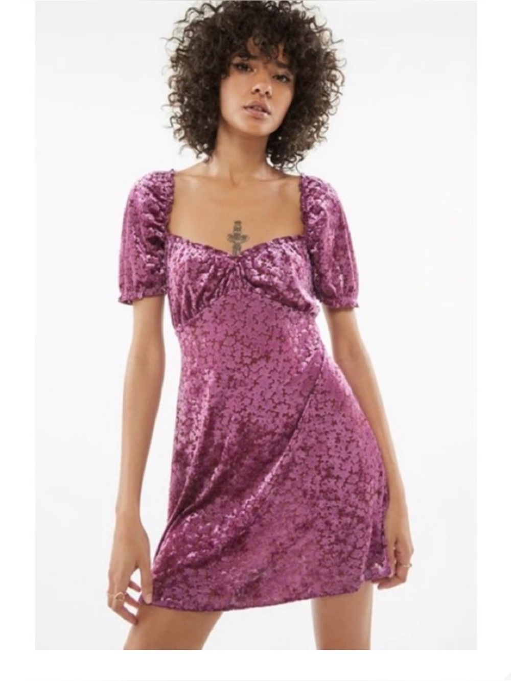 Urban Outfitters Velvet Puff-Sleeve Mini Dress in Purple